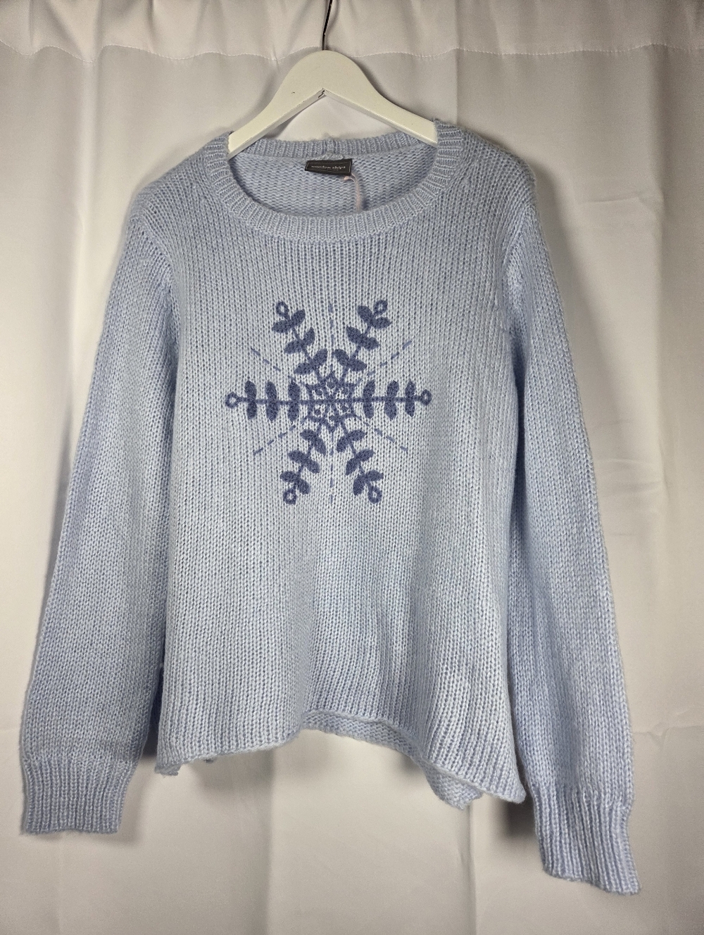 Wooden Ships Blue Snowflake Sweater Women S/M Mohair Wool Chunky Open Knit $149